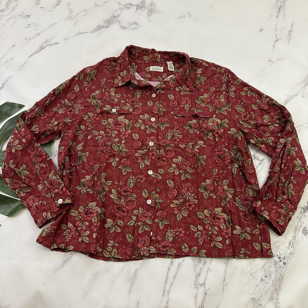 Classic Elements Womens Vintage 90s Floral Blouse Top Size XL Red Rose Country